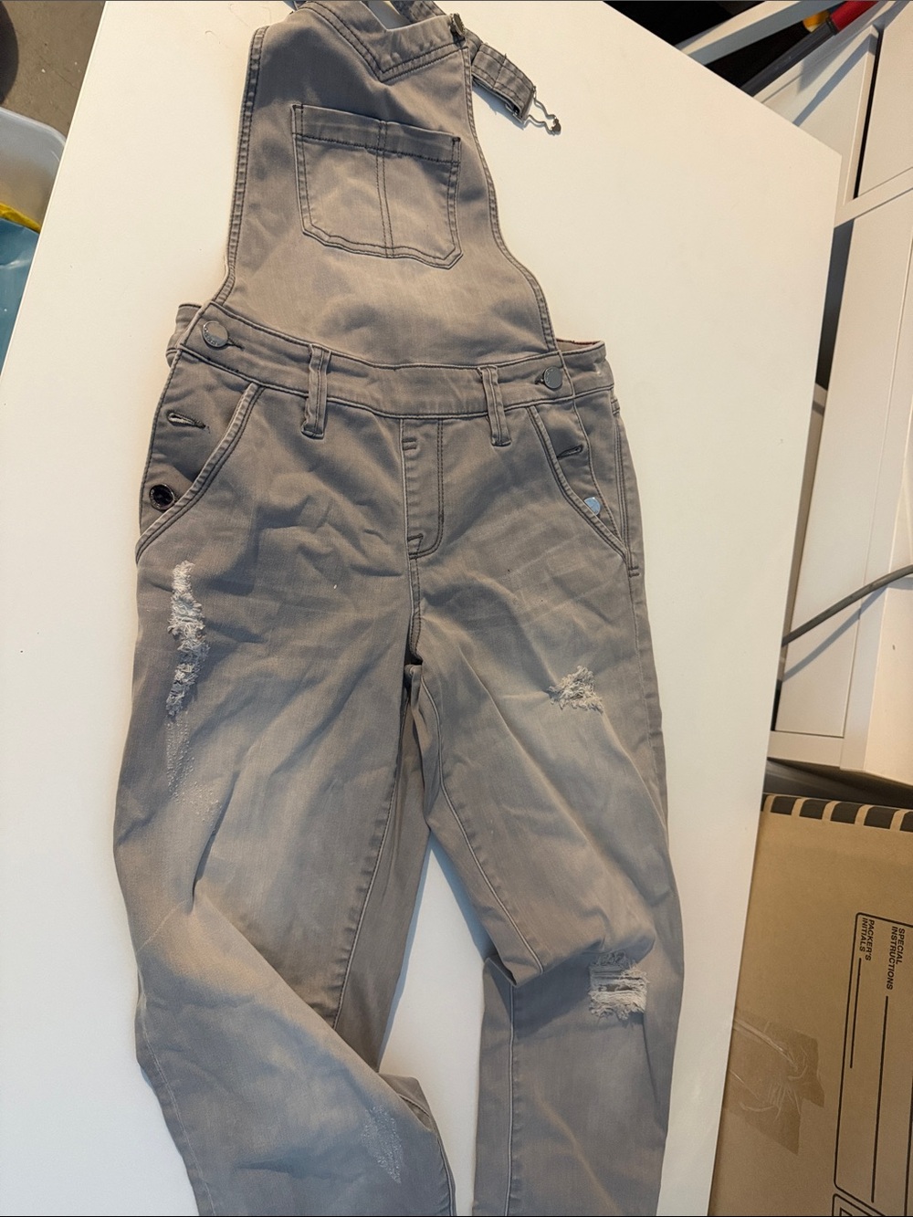 bebe Gray Distressed Denim Overalls Jumpsuit